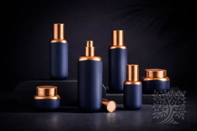 Navy blue skincare bottles and cosmetic jars with warm gold caps, arranged on dark stone platforms in a premium set.