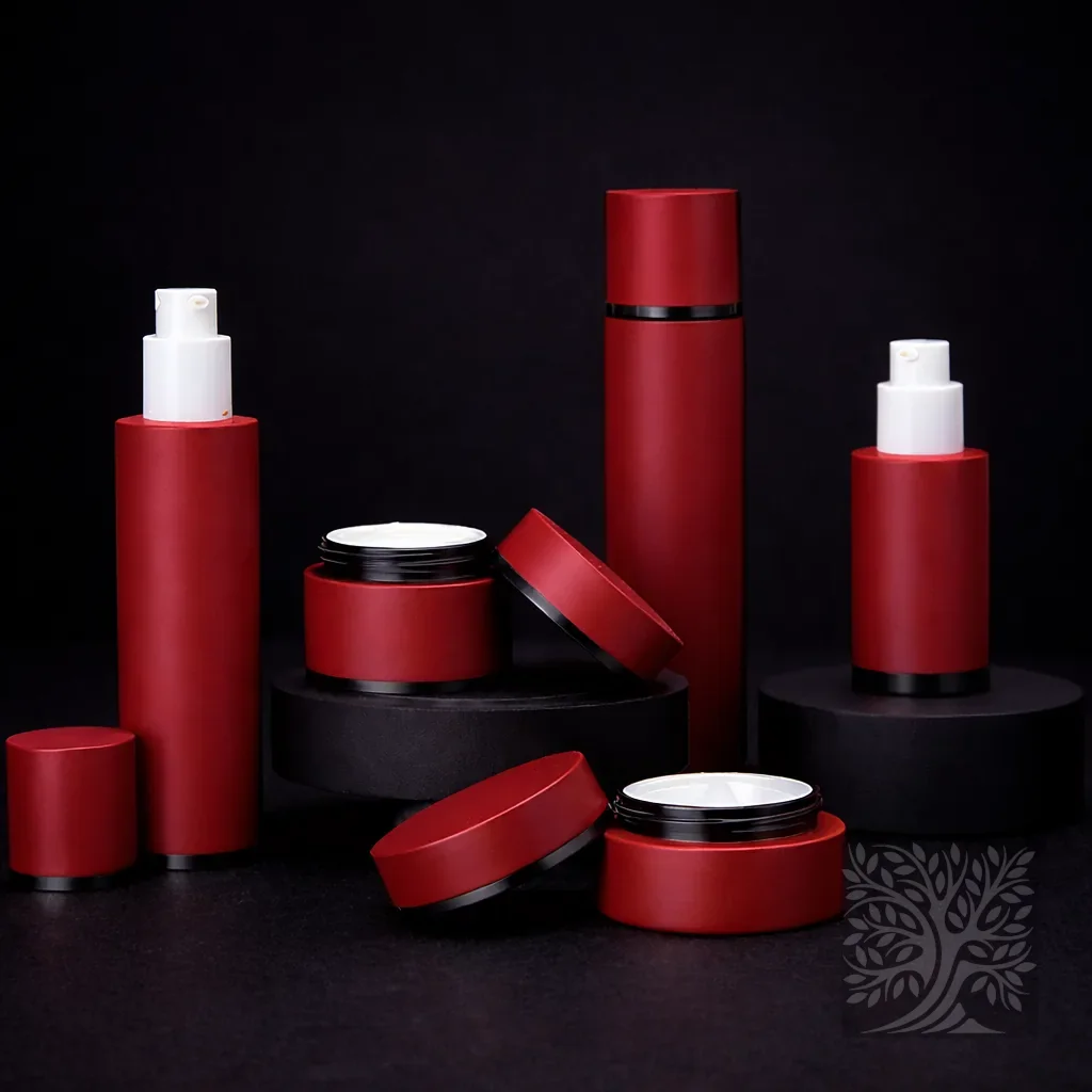 Matte red skincare bottles and cosmetic jars with black accents, staged on black risers with one jar open in front.