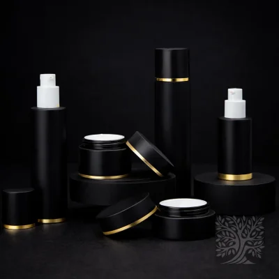 Matte black skincare bottles and cosmetic jars with gold accents, displayed on tiered stands with open jar detail.