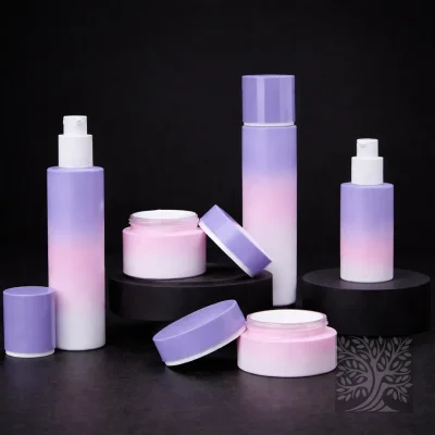 Soft lavender and pink gradient skincare bottles and cosmetic jars, arranged on black pedestals with open containers.