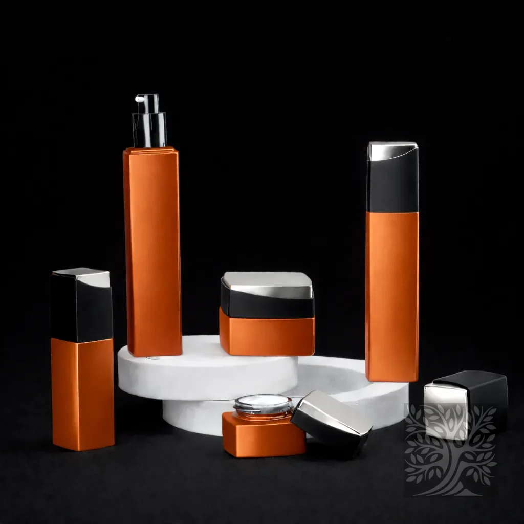 Burnt orange skincare bottles and cosmetic jars with black angled caps, arranged on white circular platforms.