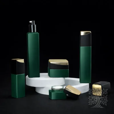 Matte forest green bottles and jars with black and gold accents, presented on stepped white display stands.