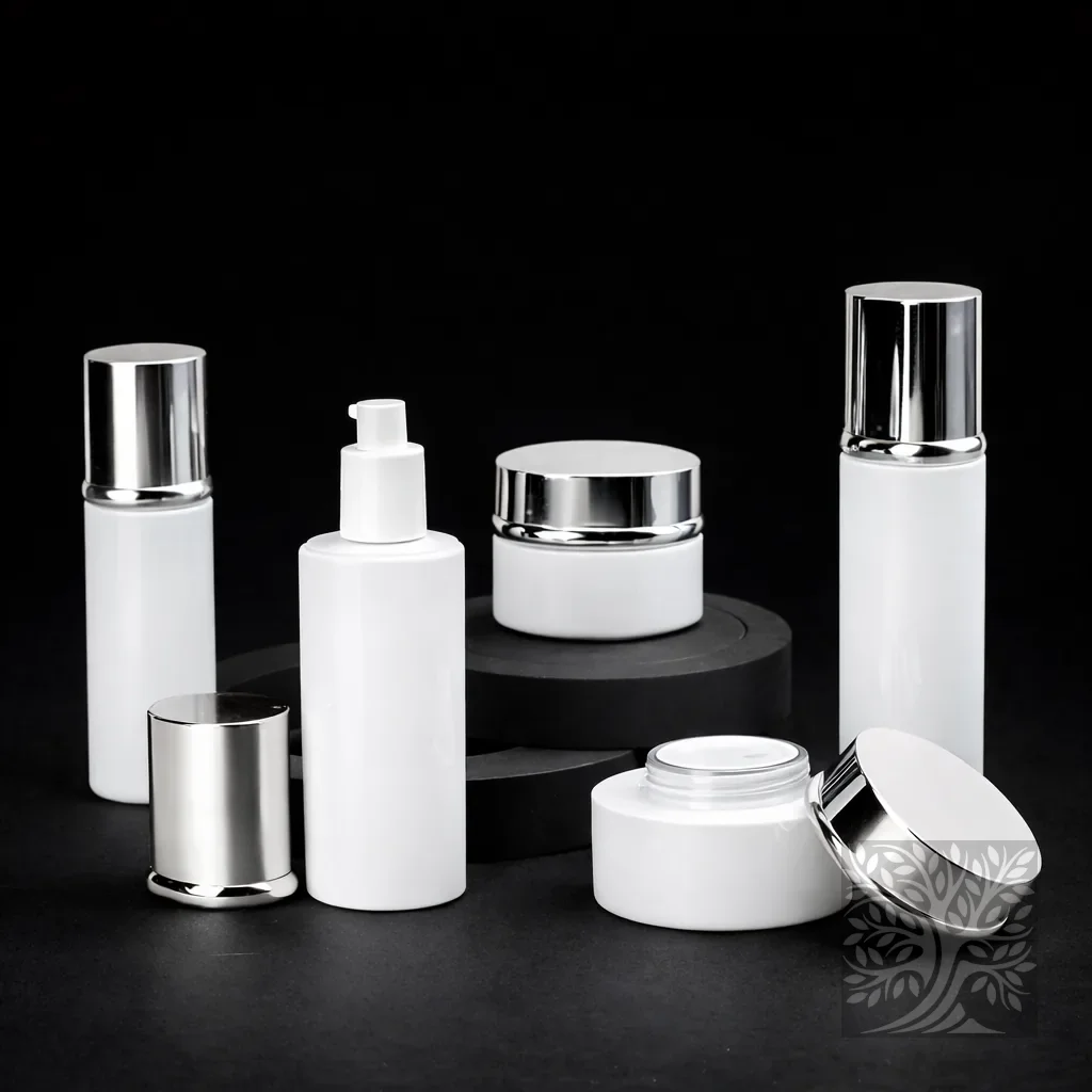 Clean white skincare bottles and jars with silver accents, arranged on dark tiered bases with an open jar visible.