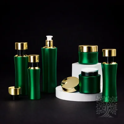 Metallic green Foundry glass bottles and cosmetic jars with gold caps, arranged in a structured elevated product display.
