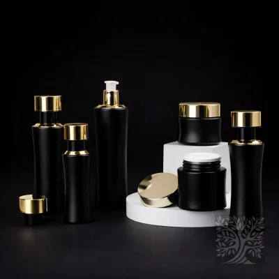 Matte black skincare bottles and matching jars with gold accents, presented in a balanced arrangement on a white platform.