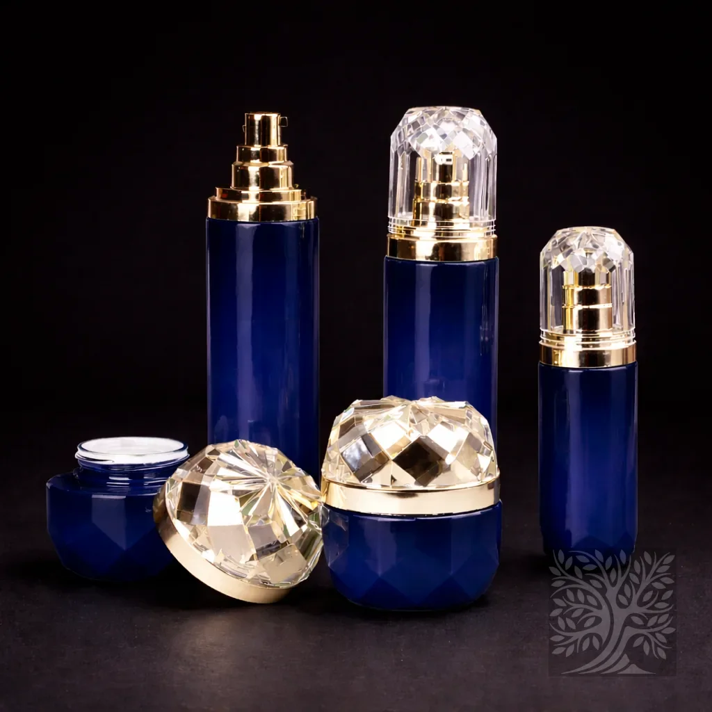 Deep navy faceted glass bottles and matching cosmetic jars with gold accents and clear caps, presented in a coordinated display.