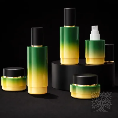 Green to yellow gradient glass serum bottles and cosmetic jars with black caps, displayed in a bold color transition set.