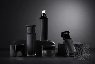 Black frosted acrylic skincare bottles and cosmetic jars with matching caps, arranged on layered stands with open jar.