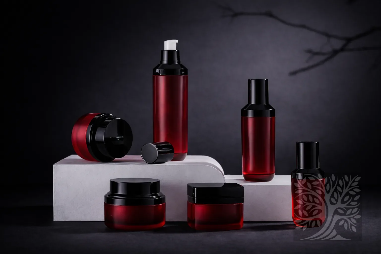 Deep red acrylic skincare bottles and cosmetic jars with black caps, arranged on white platforms in a balanced layout.